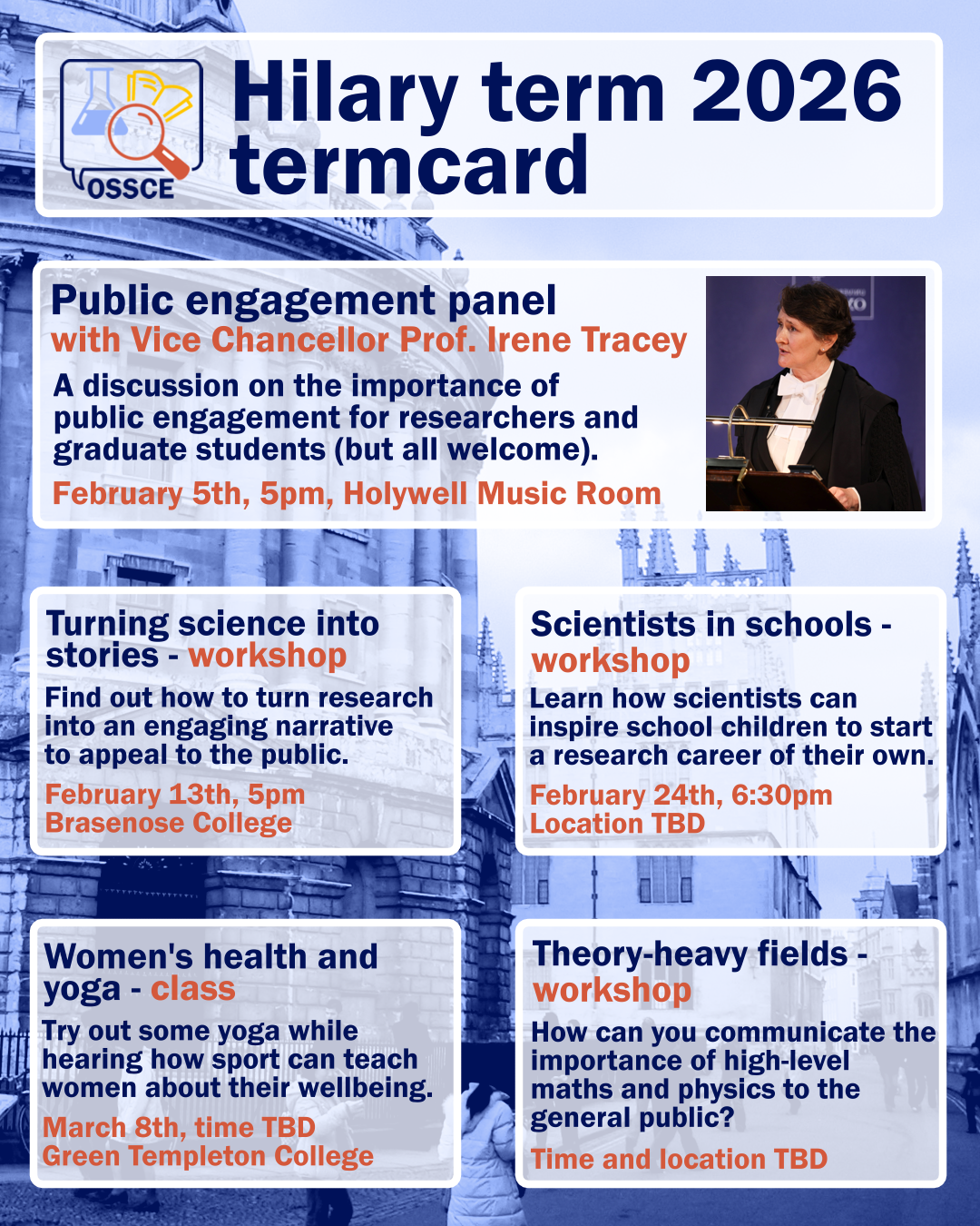 A termcard including a picture of Irene Tracey.